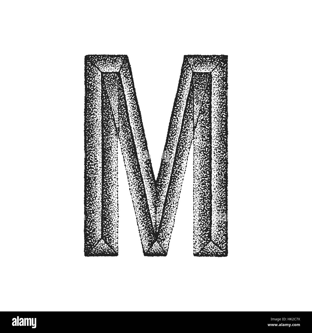 Vintage noir monochrome vecteur dessiné à la main d'encre rétro style tattoo dot travail volumétrique gravure lettre M isolé sur fond blanc Illustration de Vecteur