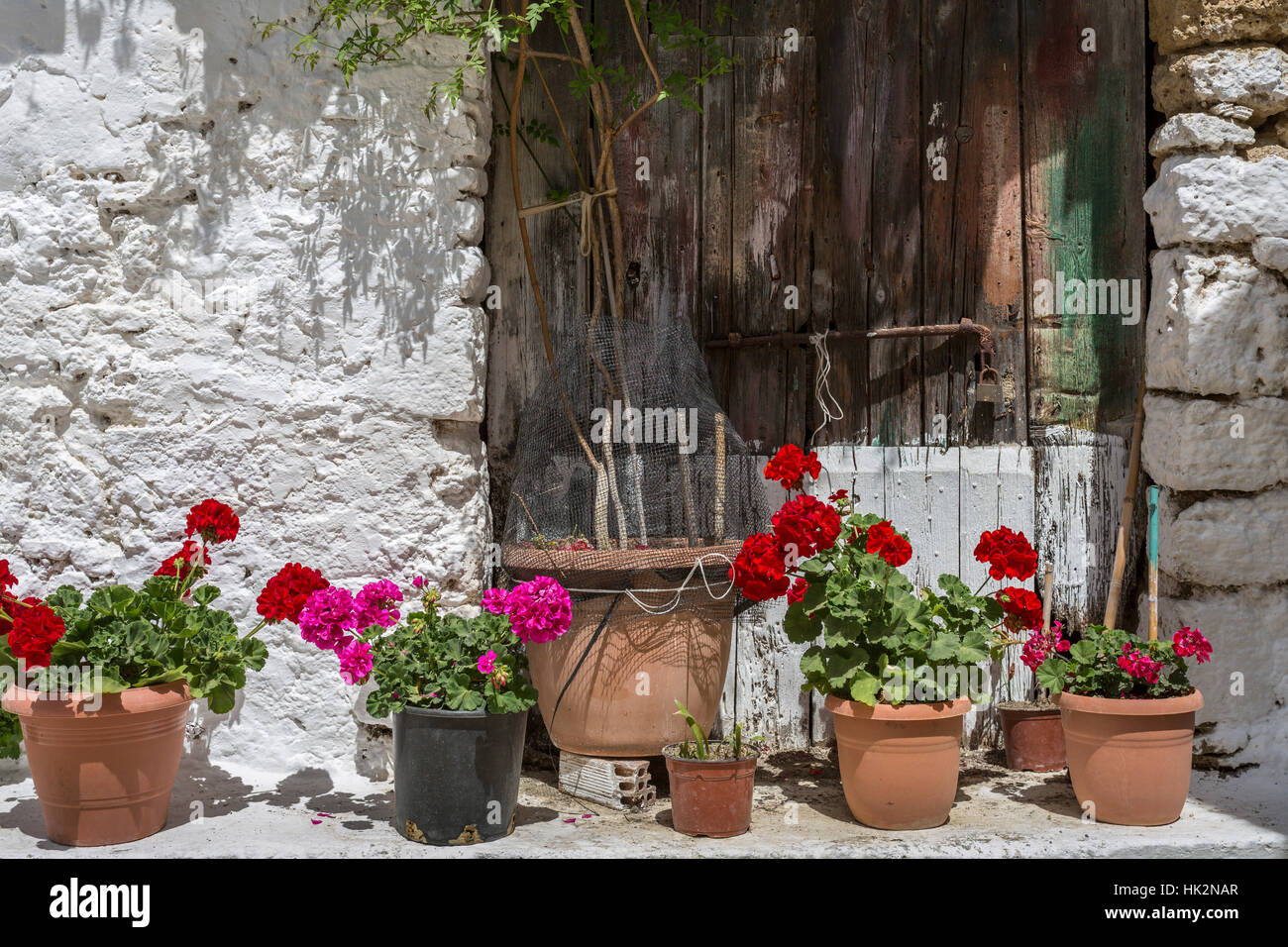 Arrangement de fleurs devant une porte en bois sur korf, Grèce Photo Stock  - Alamy