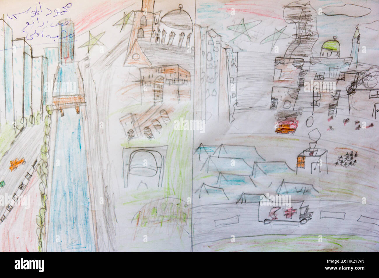 Bruxelles, Belgique, 2016/10/10/3. Dessin d'enfants syriens portés à Bruxelles par le Patriarche Gregorios III, Metropolitan George Abou Zakhem etc. Banque D'Images