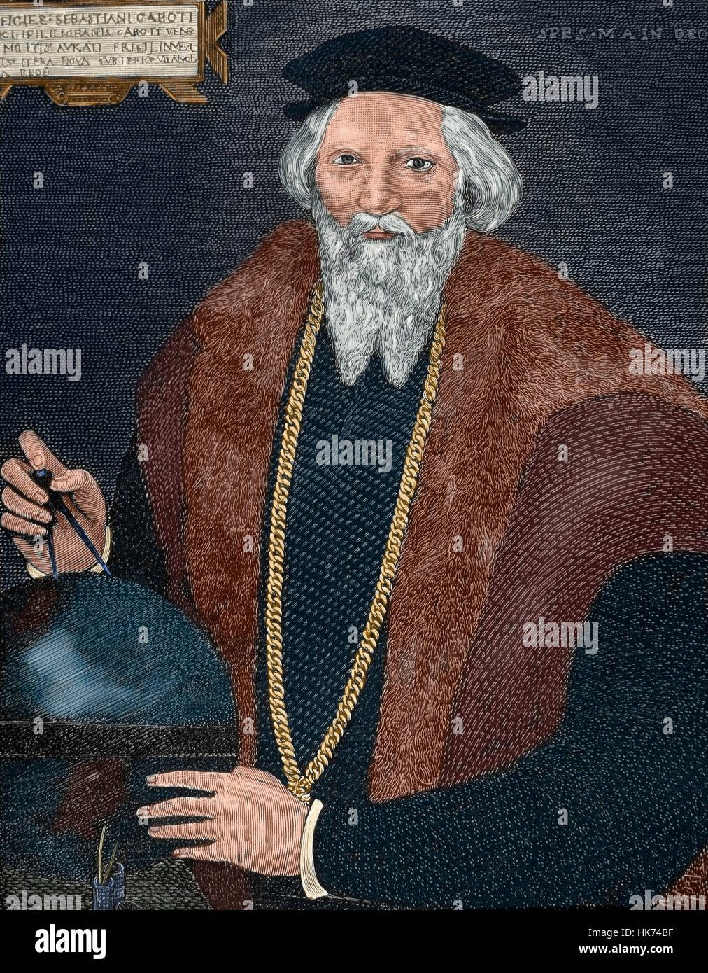 Sébastien Cabot (ch. 1474-c. 1557). L'explorateur italien. Portrait. Gravure de Capuz. De couleur. Banque D'Images