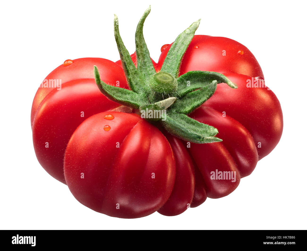 Costoluto Fiorentino côtelée douce tomate (Solanum lycopersicum), beefsteak (slicer) type, avec des sépales. Chemin de détourage, shadowless Banque D'Images