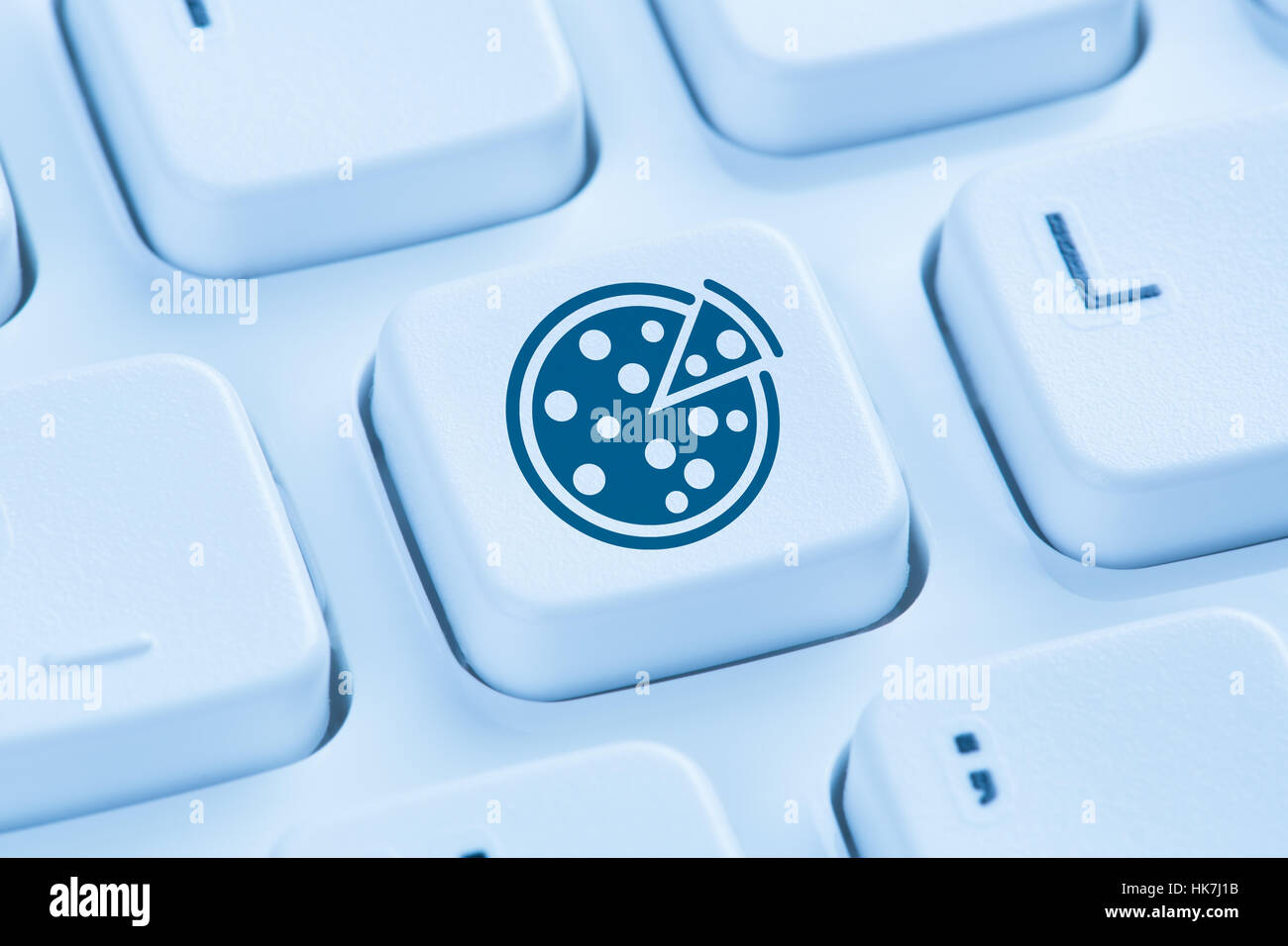 Commander une pizza en ligne commande de nourriture internet livraison bleu symbole clavier de l'ordinateur Banque D'Images
