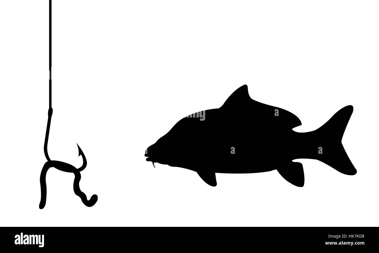 Silhouette d'un poisson avec un hameçon appâté Banque D'Images