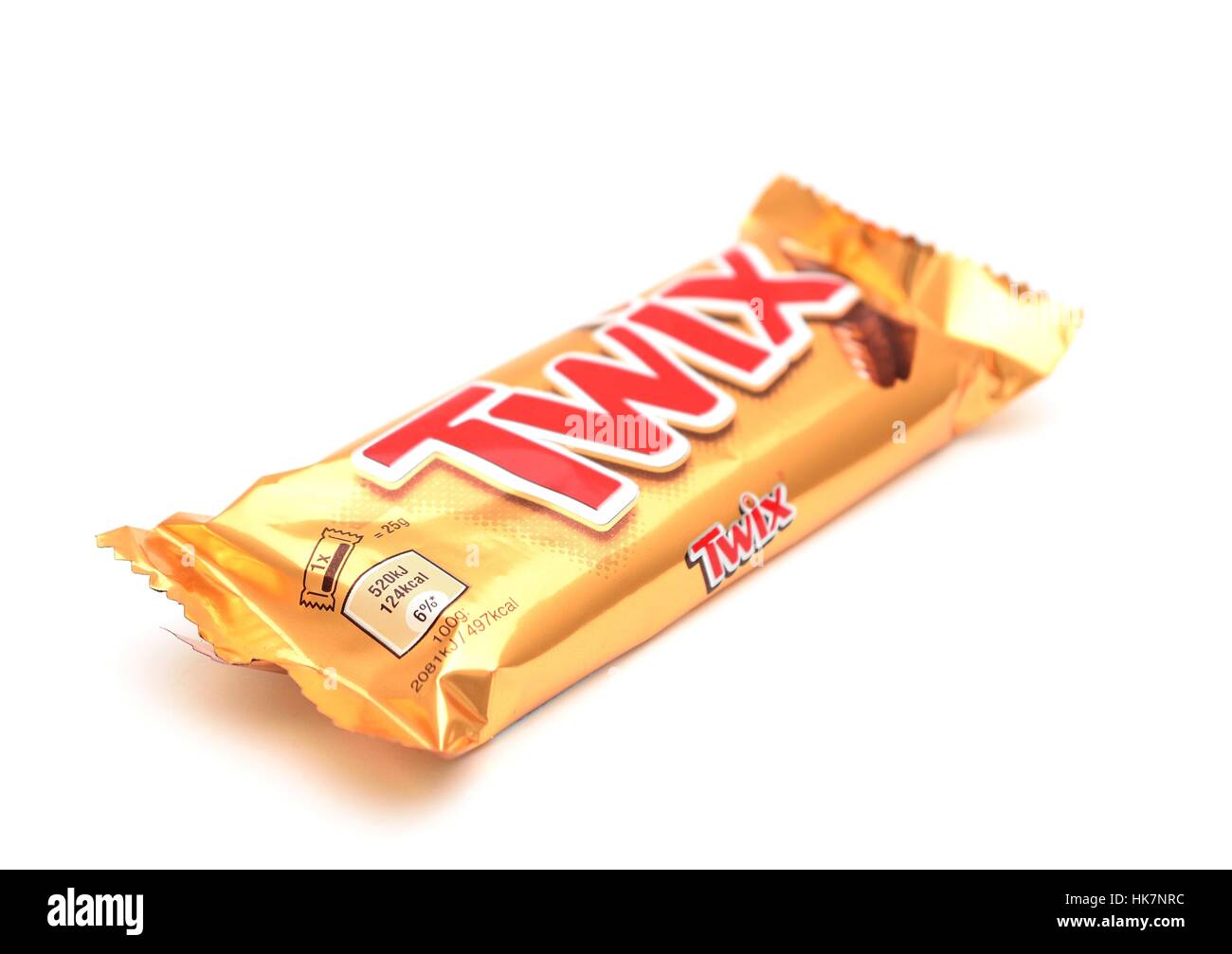 Twix barre de chocolat en post sur fond blanc. Banque D'Images