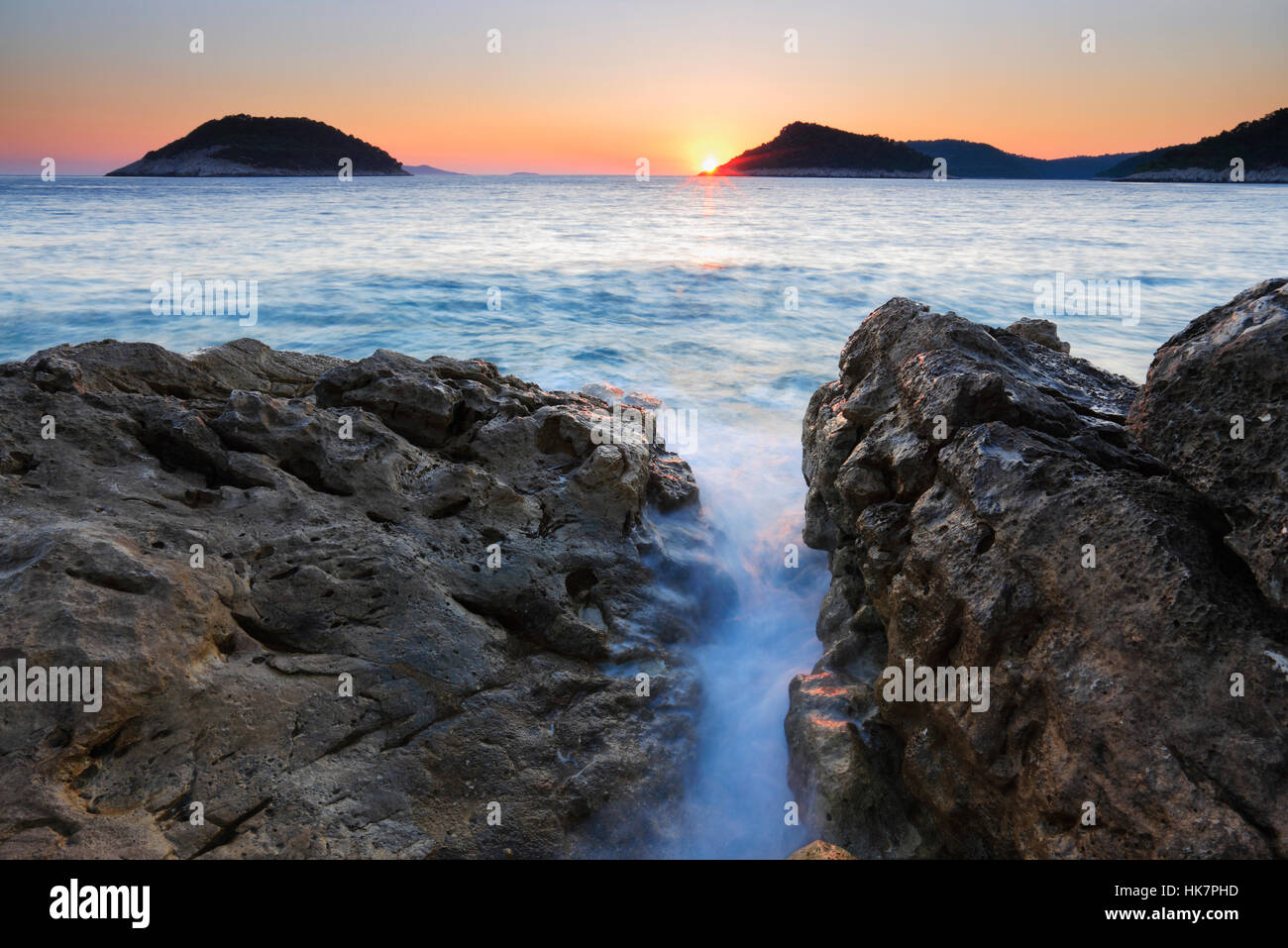 Coucher du soleil sur la mer, île de Lastovo Banque D'Images