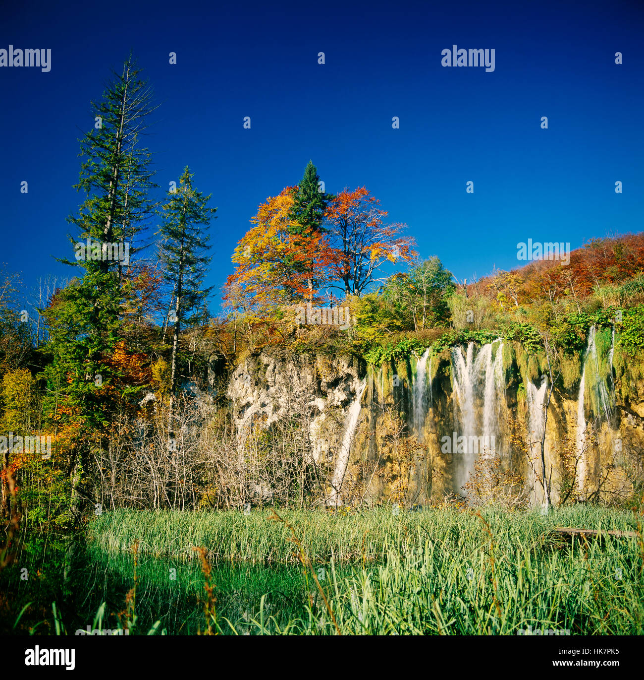 Cascades sur parc national des lacs de Plitvice en automne Banque D'Images