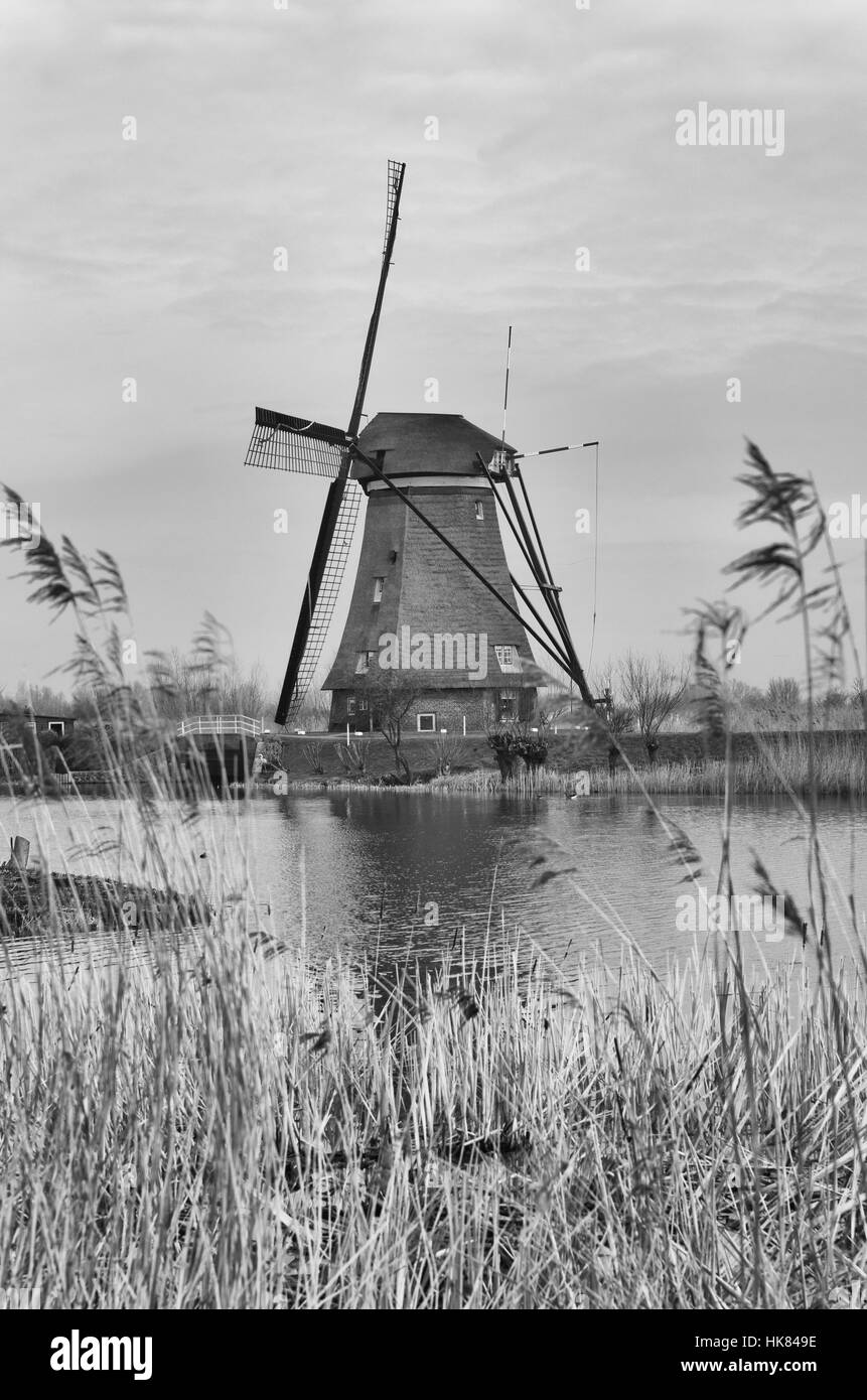 Pays-bas, moulin, artistiques, noir et blanc, maison, édifice, bâtiments, Banque D'Images