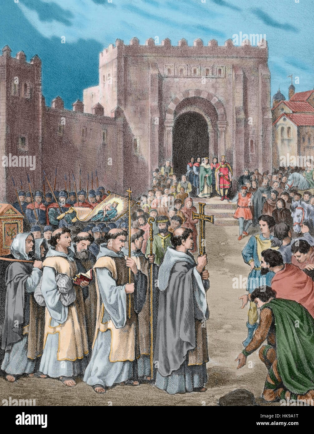 L'Espagne. Le roi Ferdinand I de Leon, appelé le Grand, (1015-1065), reçoit les restes de Saint Isidore de Séville (ch. 556-636), évêque, confesseur et Docteur de l'Église. Gravure en couleur. 19e siècle. Banque D'Images