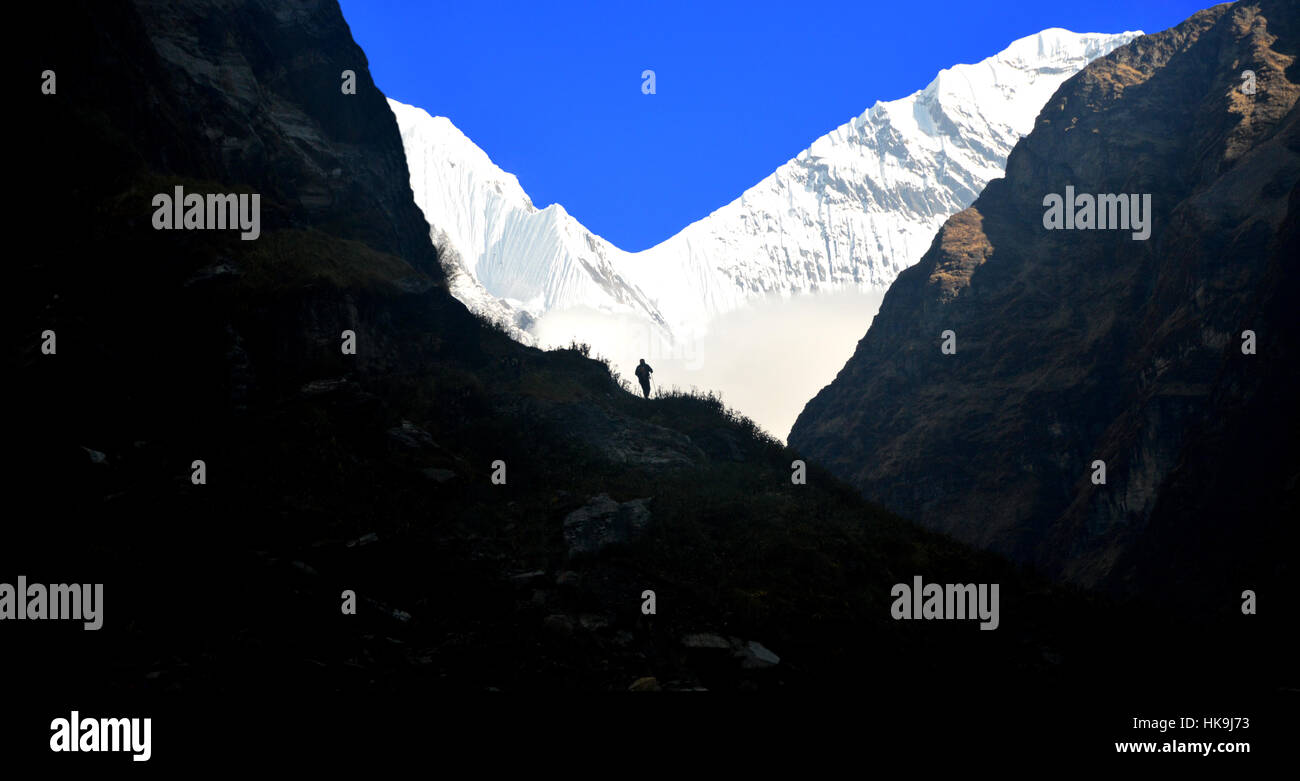 Une silhouette sur le Trekker couvert de neige de montagne Ganggapurna dans la vallée de la rivière Modi Khola, sanctuaire de l'Annapurna Himalaya, Népal. Banque D'Images