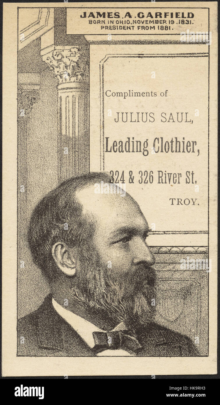 James A. Garfield. Né en Ohio, le 9 novembre, 8. Le président de 88. Compliments de Julius Saul, menant clothier, 4 & 6, Rue de la rivière, Troy. Banque D'Images