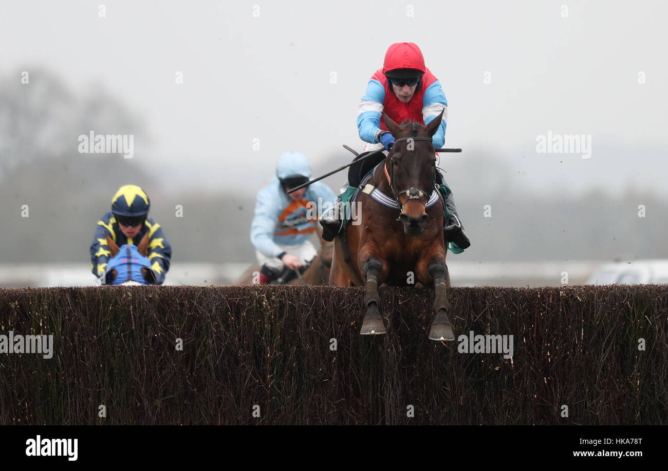 Peckhamecho monté par Tom Scudamore & sur leur chemin vers la victoire dans l'Open d'Australie Tennis à 188bet Handicap Chase à l'hippodrome de Warwick. Banque D'Images