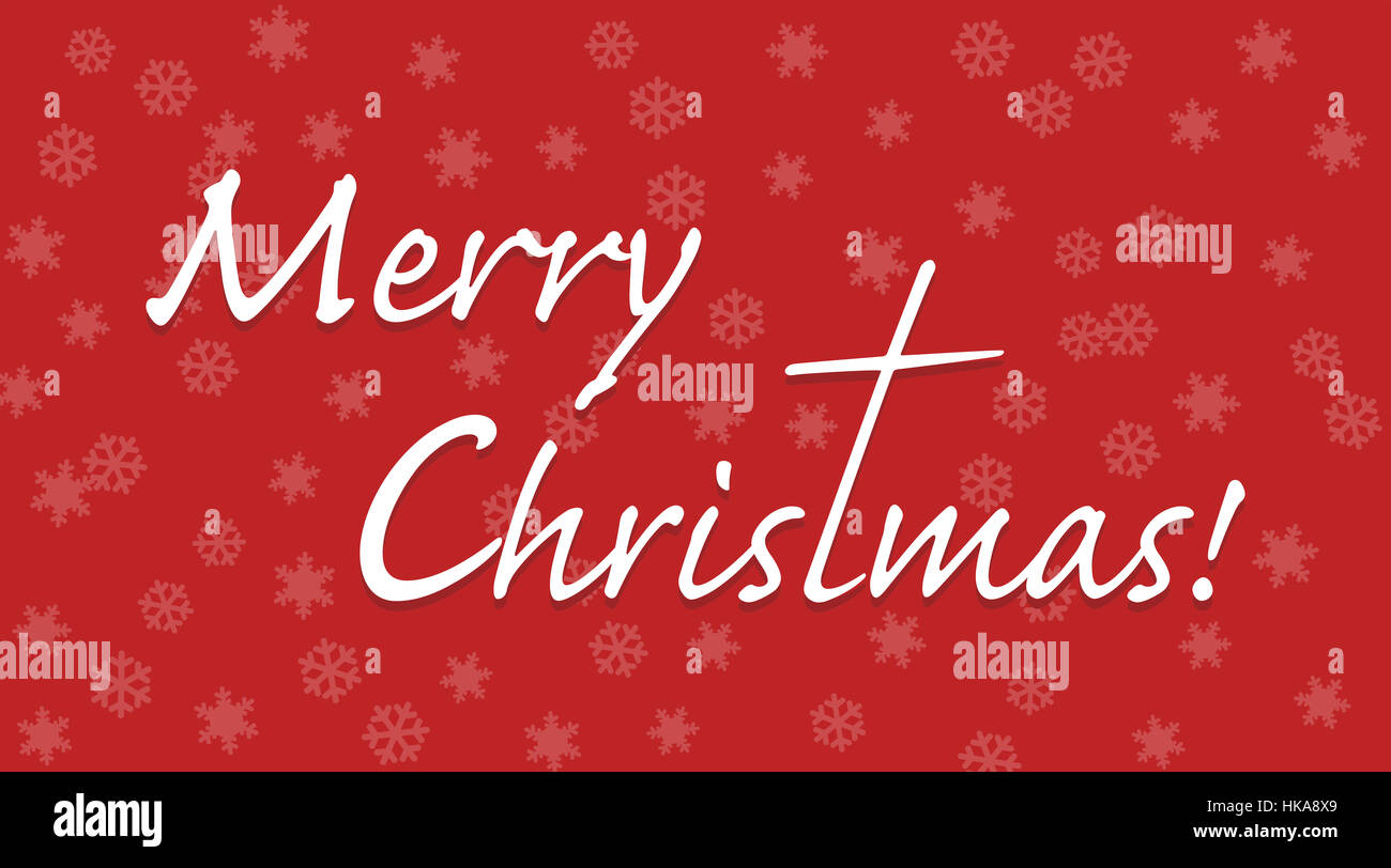 Joyeux Noël texte avec lettre t étendue à une croix, blanc sur fond rouge avec des flocons Banque D'Images