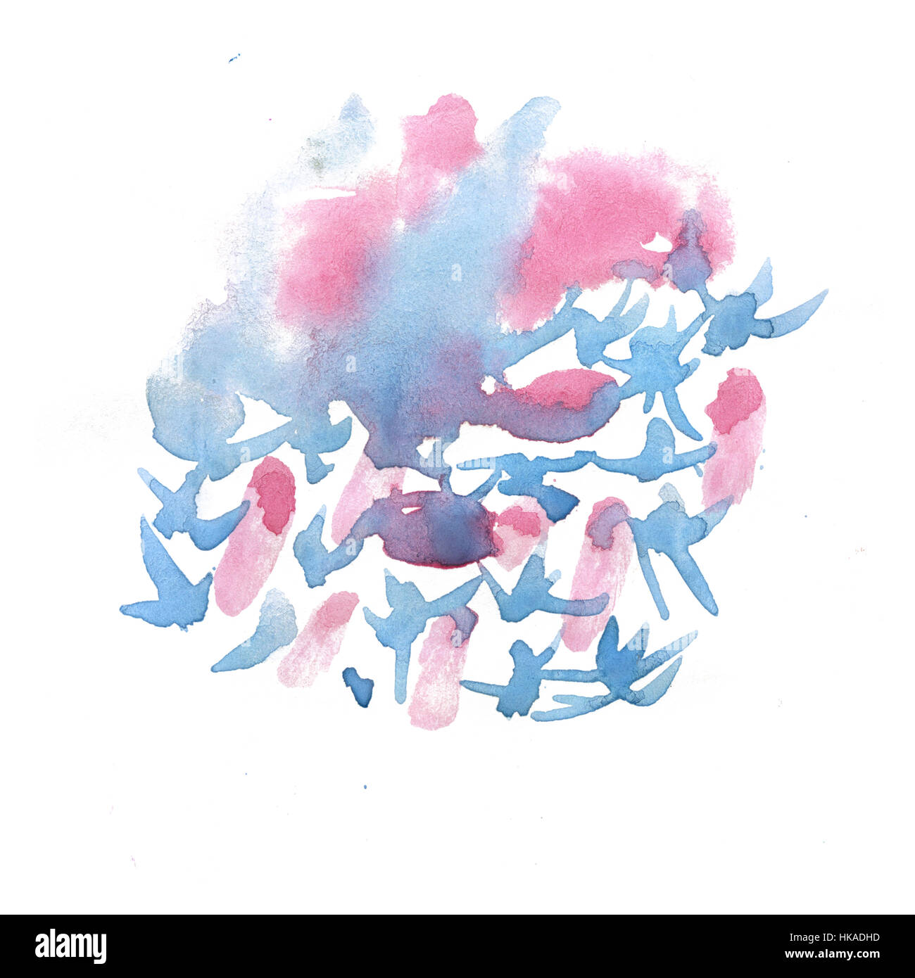 Aquarelle rose blanc fond bleu, les taches isolées résumé l'aquarelle illustration. Banque D'Images