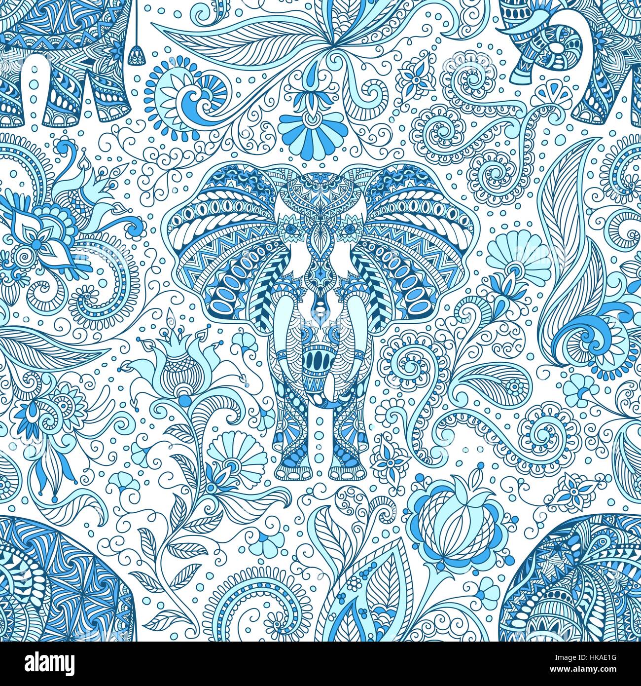 Modèle sans couture avec éléphant indien bleu Illustration de Vecteur