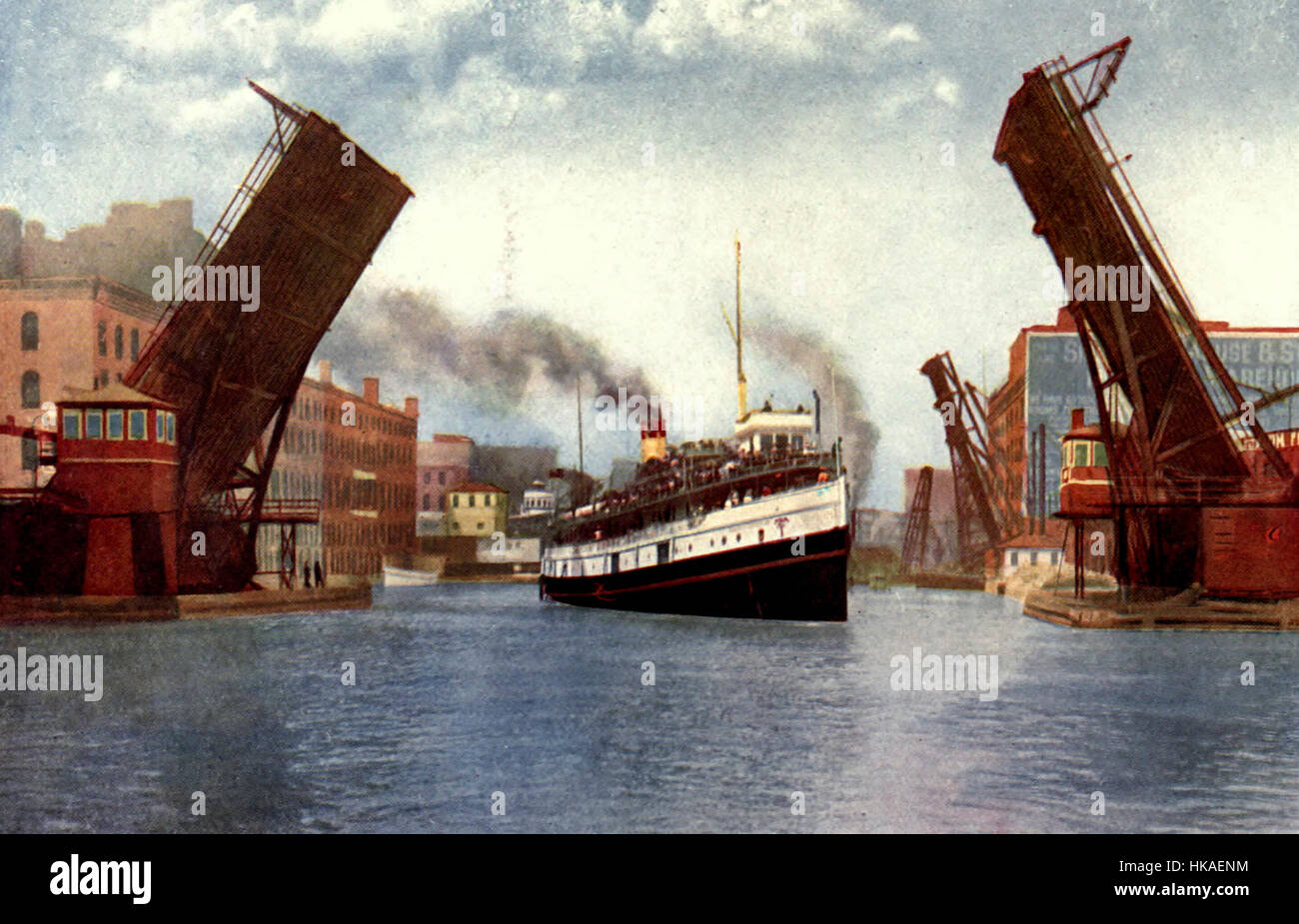 State Street Bascule Bridge levée pour steamship Soo City, Chicago, vers 1908 Banque D'Images