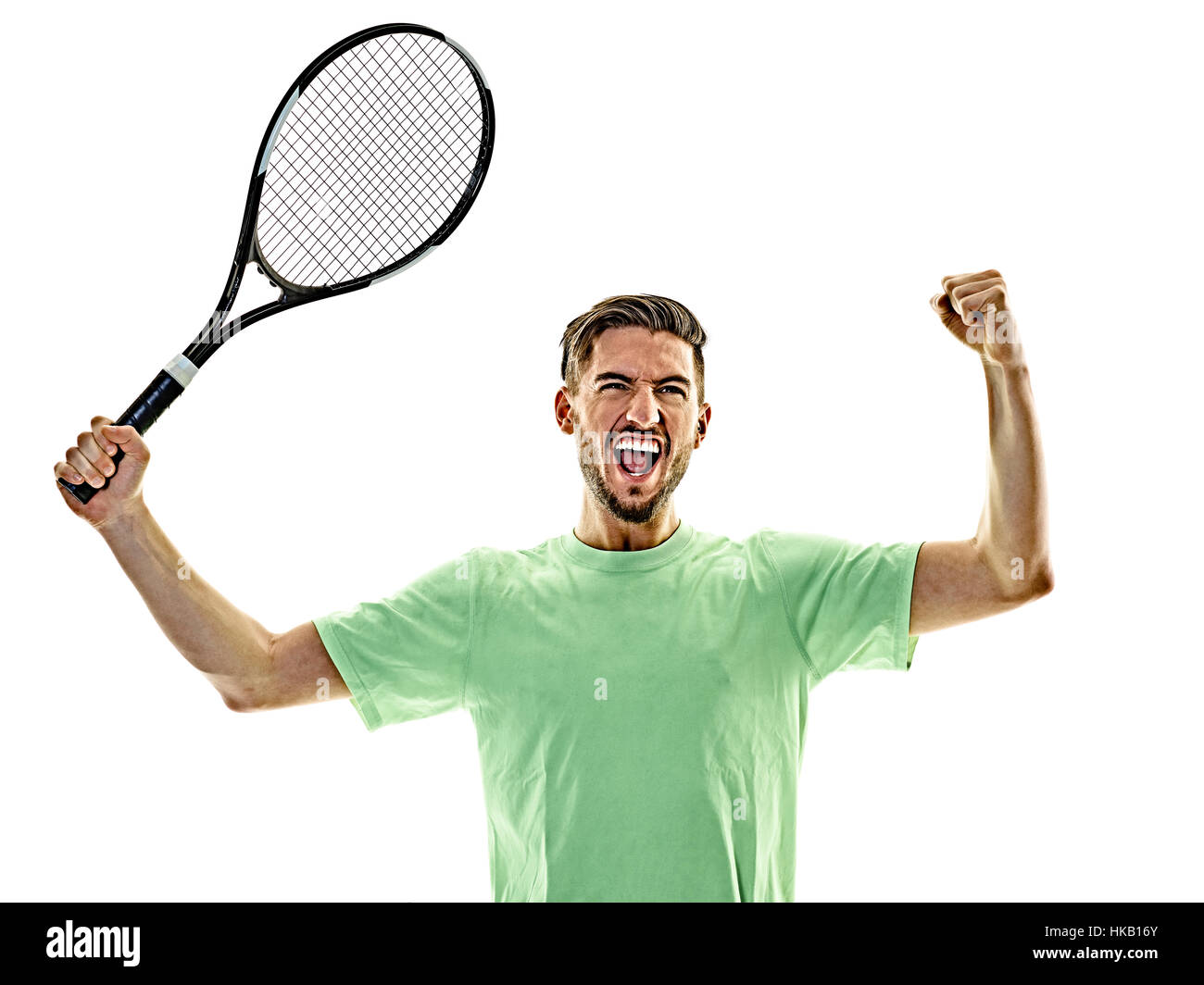 Un caucasian man playing tennis player isolé sur fond blanc Banque D'Images