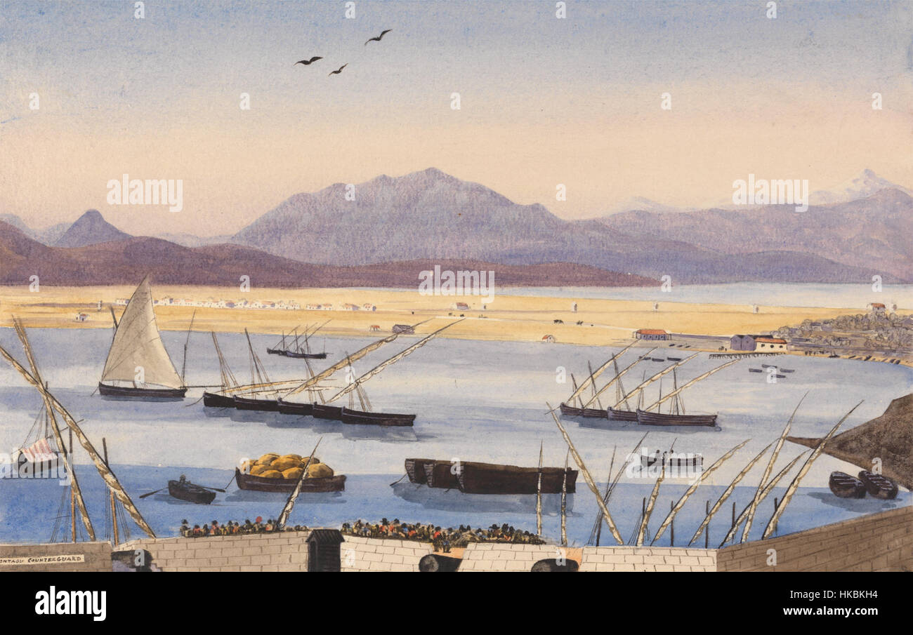 Cette peinture montre une vue de la baie de Gibraltar, avec les lignes espagnoles au loin, reflétant l'importance stratégique de l'emplacement au cours de l'histoire navale. Banque D'Images