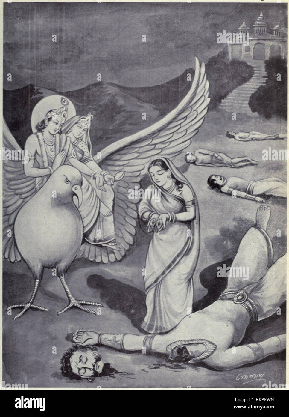 Cette œuvre représente la scène mythologique hindoue où la Déesse de la Terre présente les boucles d’oreilles d’Aditi au Seigneur Krishna. La peinture illustre l'interaction divine entre ces figures, soulignant la signification symbolique de l'acte dans la mythologie hindoue. Banque D'Images