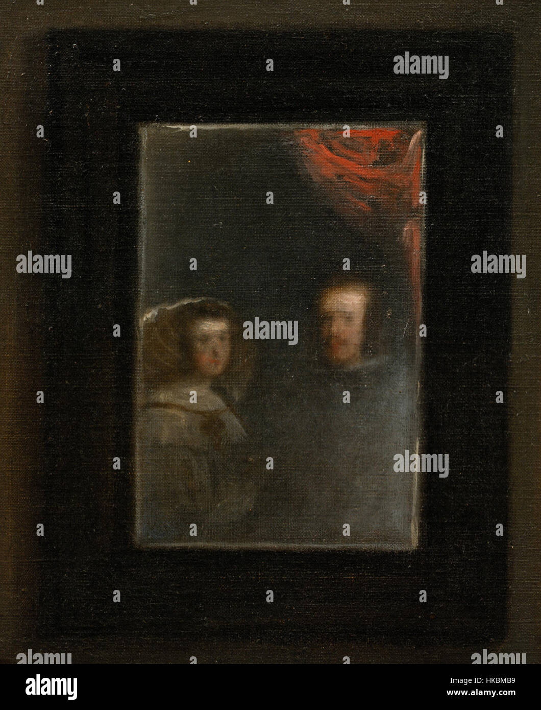*Las Meninas*, peint par Diego Velázquez en 1656, est réputé pour sa composition complexe et l’utilisation de miroirs dans ses détails. Le miroir reflète la famille royale, mêlant le spectateur à la scène. Les détails complexes de cet élément illustrent la maîtrise de Velázquez de la lumière, de la perspective et du portrait royal pendant la période baroque espagnole. Banque D'Images