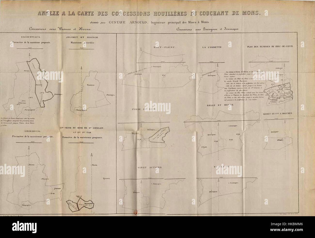 Une carte historique tirée des archives du CCB documentant les concessions foncières, illustrant les divisions territoriales et les allocations administratives de l'époque coloniale. Banque D'Images