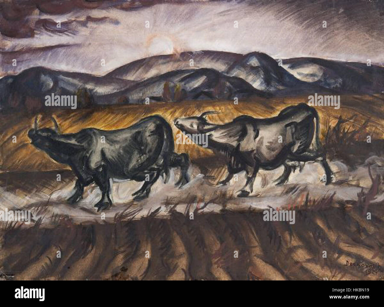 Le tableau de Derkovits Gyula de 1924, « Bivalyok », présente une scène rurale avec des buffles, reflétant son approche unique de l'expressionnisme hongrois. L’œuvre met l’accent sur la force et le lien entre l’homme et la nature. Banque D'Images