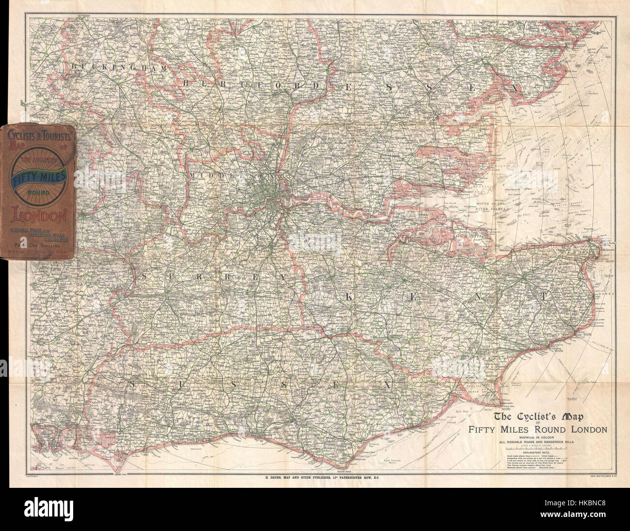 1895 Barthholomew Site du cycliste de 50 kilomètres autour de Londres, Angleterre Londres Geographicus50Miles bartholomew 1895 Banque D'Images