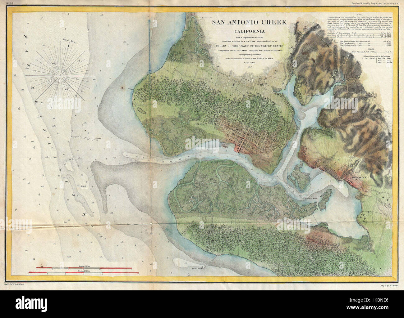 Cette carte du U.S. Coast Survey de 1857 détaille San Antonio Creek et Oakland, en Californie, près de San Francisco. La carte fournit des informations précieuses sur les caractéristiques géographiques de la région au milieu du XIXe siècle, mettant en évidence les premières techniques d'arpentage américaines. Banque D'Images