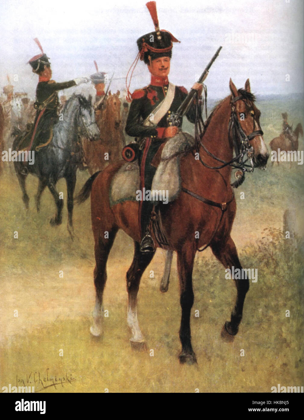Cette œuvre représente le 4e régiment de chasseurs à cheval du duché de Varsovie, mettant en valeur les uniformes distinctifs de la cavalerie et son rôle historique à l’époque napoléonienne. Banque D'Images