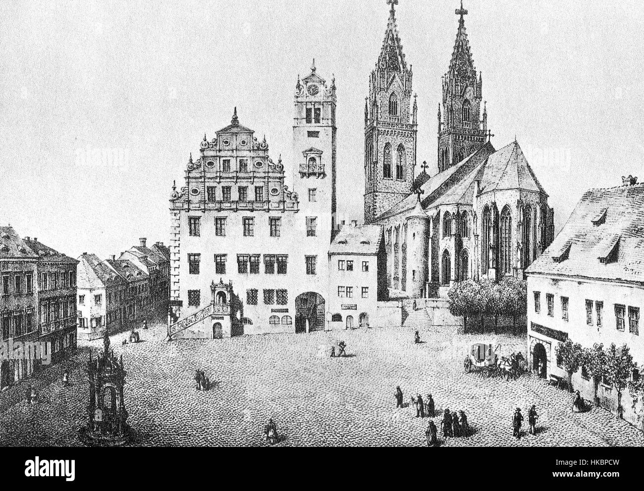 Cette vue de 1850 sur Oschatz capture le paysage de la ville, mettant en valeur son architecture historique et le cadre rural. La peinture donne un aperçu des caractéristiques visuelles de la région au milieu du XIXe siècle. Banque D'Images