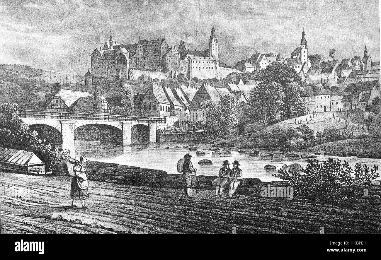 Cette peinture d'environ 1850 présente une image de Colditz, une ville connue pour son importance historique pendant la première Guerre mondiale. L'œuvre d'art reflète l'architecture et le paysage de la ville au milieu du XIXe siècle, offrant un aperçu de Colditz avant son histoire en temps de guerre. Banque D'Images