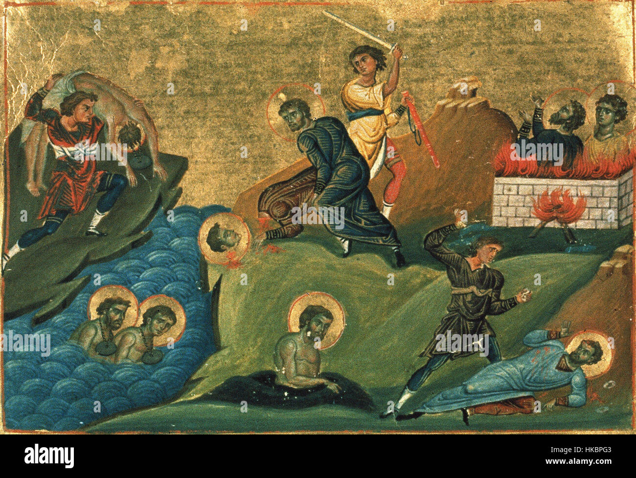 Le Ménologion de Basile II présente une illustration d'Anthimus, évêque de Nicomédie, et de ses disciples. Ce manuscrit byzantin du XIe siècle offre un aperçu des figures religieuses et du patrimoine spirituel de l'Empire byzantin. Banque D'Images