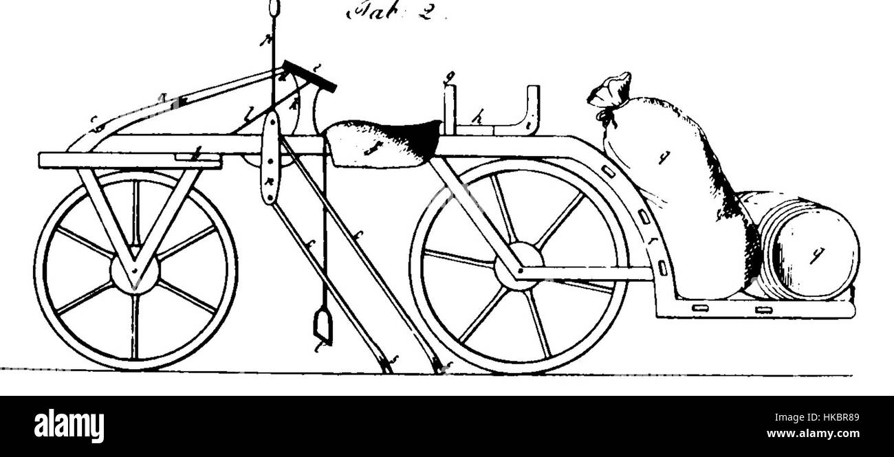 Cette illustration de 1817 par Bauer représente un véhicule à trois roues, connu sous le nom de Dreirad. L'image capture la conception et la mécanique de ce prototype précoce pour une invention semblable à une bicyclette, mettant en valeur son importance historique dans le développement des transports. Banque D'Images