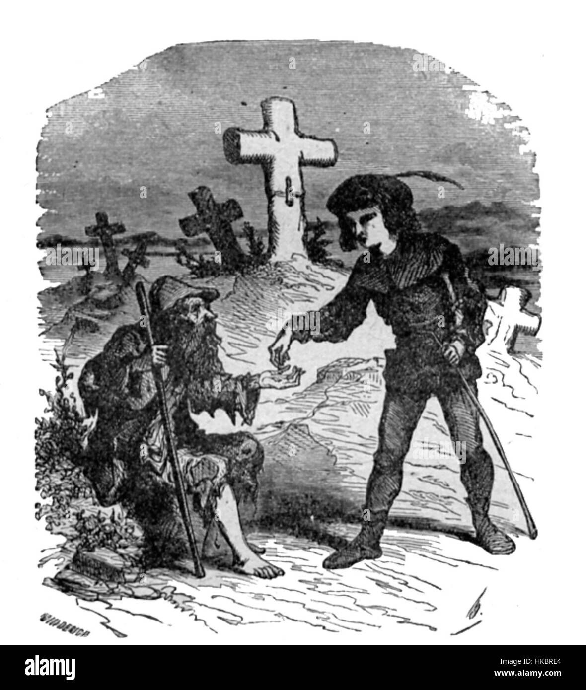 Cette illustration du XIXe siècle, « le compagnon de voyage Jean et mendiant », créée par Bertall, représente un compagnon de voyage et un mendiant dans une scène remplie de commentaires sociaux. L'image reflète les thèmes de l'inégalité sociale et les rencontres entre les différentes classes de la période, caractéristiques du style satirique de Bertall. Banque D'Images