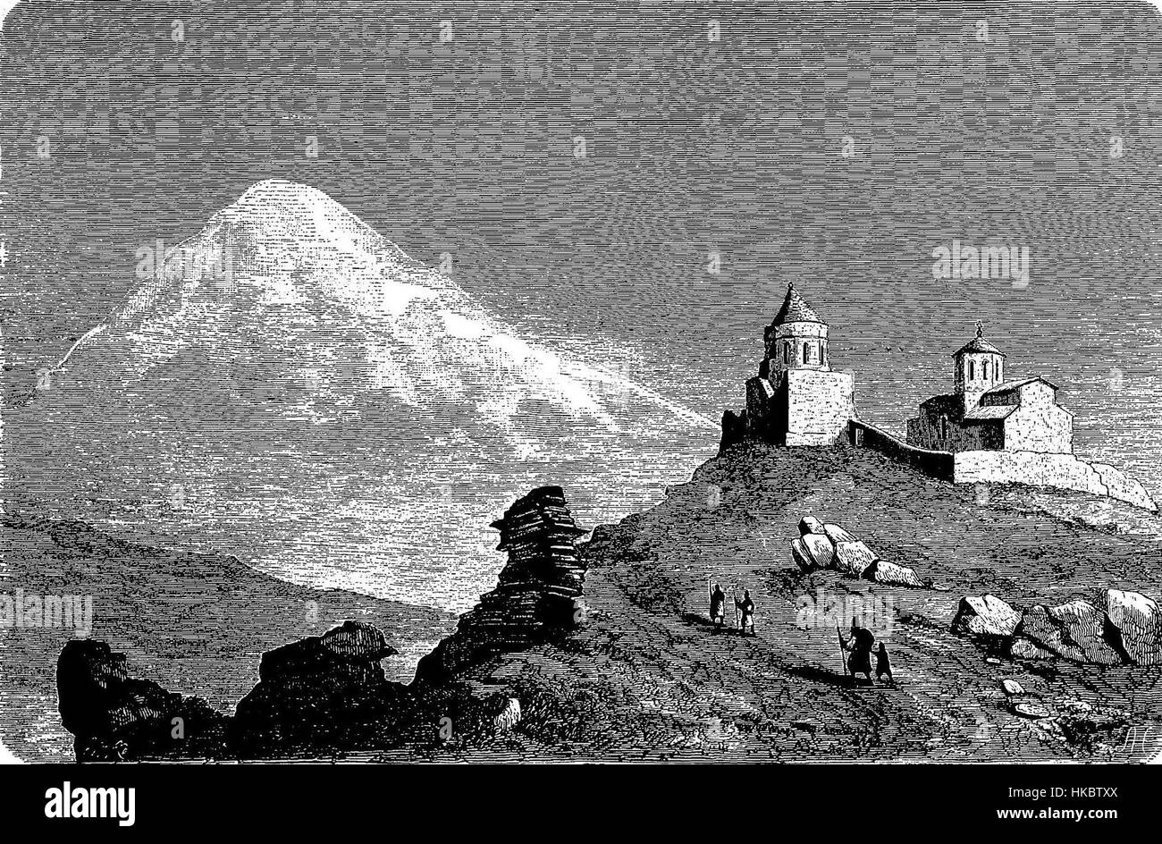 Cette peinture, « Église à Kazbek » de Roskoschny, créée en 1884, représente l'église géorgienne située près du mont Kazbek. L'œuvre met en valeur la beauté architecturale de l'église dans un contexte montagneux, soulignant l'importance culturelle et le contexte historique de la région. Banque D'Images
