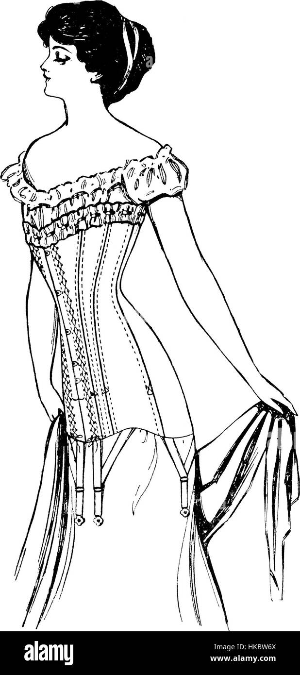 Une illustration de mode de 1909-1910, représentant des styles de corset du début du XXe siècle, mettant en valeur des détails complexes et un design spécifique à la période. Banque D'Images