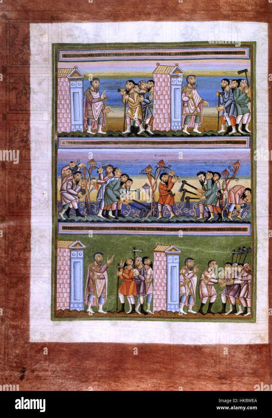 Le Codex aureus Epternacensis, également connu sous le nom d'Évangile d'Or d'Echternach, est un manuscrit enluminé créé au XIe siècle. Il est connu pour sa décoration somptueuse et sa signification religieuse, illustrant des scènes des Évangiles avec un art détaillé et des feuilles d'or. Banque D'Images