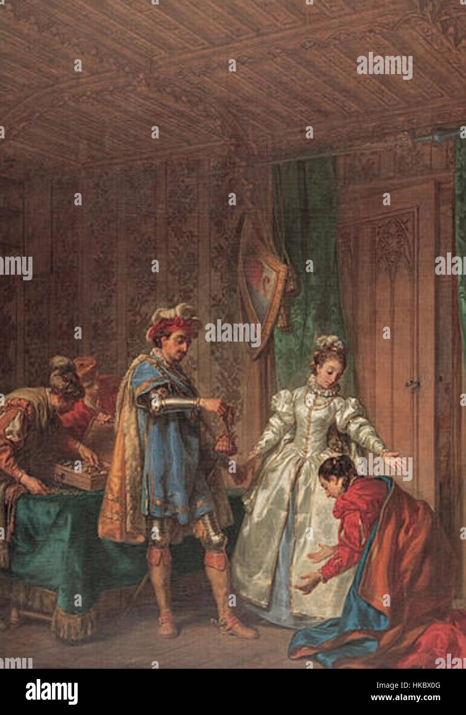 'La continence de Bayard' de Durameau est une peinture du XIXe siècle représentant l'acte noble et vertueux de Bayard, un légendaire chevalier français. La peinture capture les thèmes historiques et chevaliers de l'époque. Banque D'Images