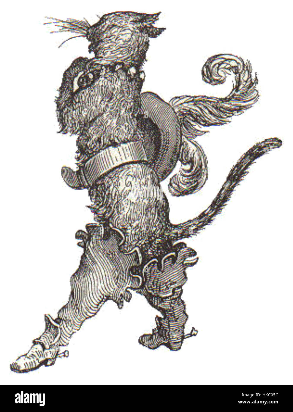 'Le Chat botte' est une illustration célèbre de Gustave Doré, représentant une scène du conte de fées classique 'Puss in Boots'. Le style caractéristique de Doré de gravure dramatique et détaillée donne vie à l'histoire fantaisiste et aventureuse. Banque D'Images