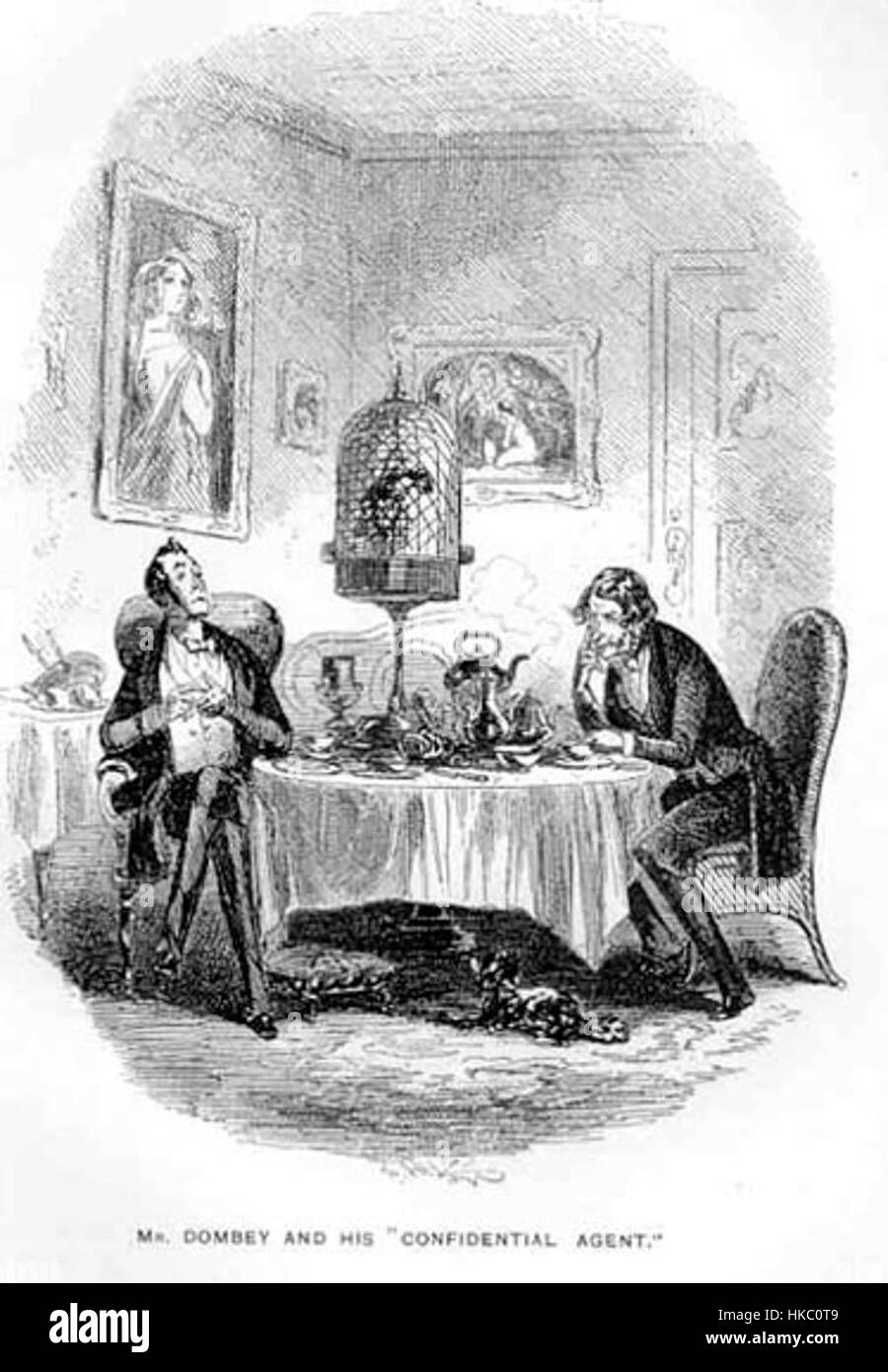 Cette illustration du chapitre 42 de « Dombey and fils » de Charles Dickens décrit la relation entre M.R. Dombey et son agent confidentiel. L'œuvre est basée sur le récit de Dickens, offrant une interprétation visuelle des thèmes du roman : affaires, famille et statut social. Banque D'Images