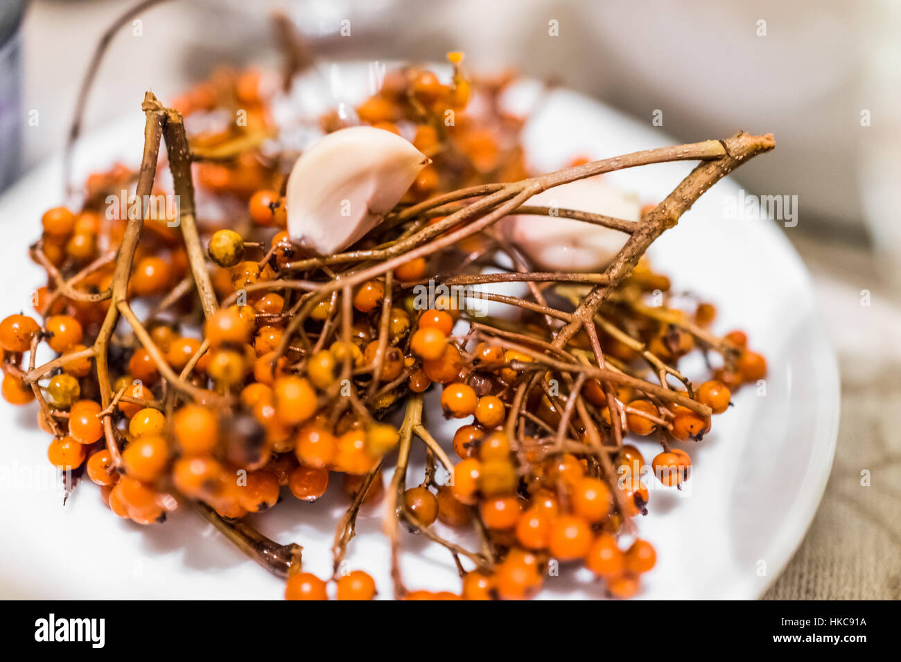 Rowan berries orange mariné à l'ail dans un bol Banque D'Images