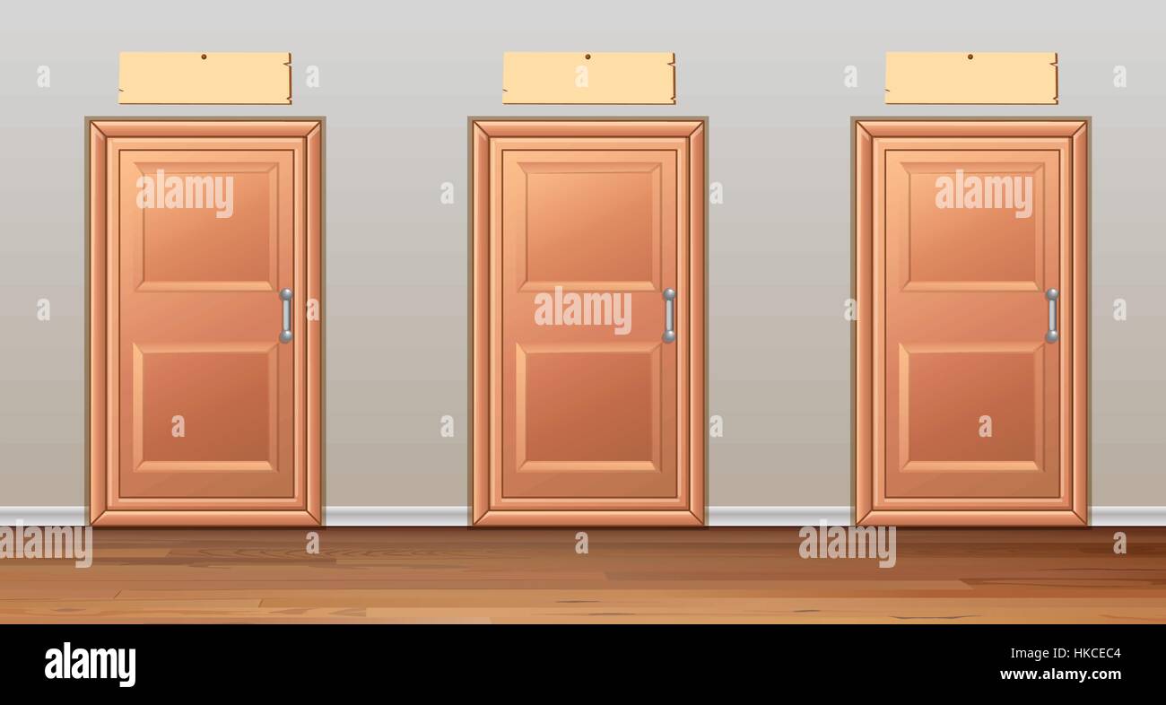 Trois portes en bois dans le couloir illustration Illustration de Vecteur