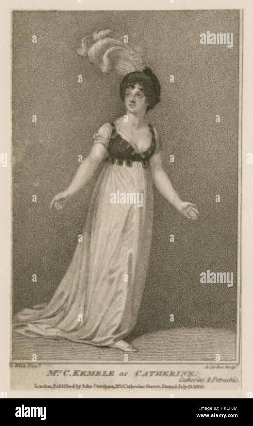 Un portrait de la production théâtrale de Catherine Garrick, avec Kemble, met en valeur le costume détaillé et les éléments de performance typiques des productions théâtrales du XVIIIe siècle. Cette image capture l'élégance des costumes d'époque et des styles d'acteur. Banque D'Images