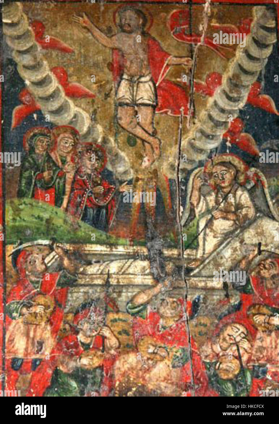 Cette icône copte du début de la période chrétienne représente la résurrection de Jésus, un événement central dans la théologie chrétienne. Les couleurs vibrantes et les détails complexes soulignent la signification religieuse de l'icône et la tradition copte des religieux compris Banque D'Images