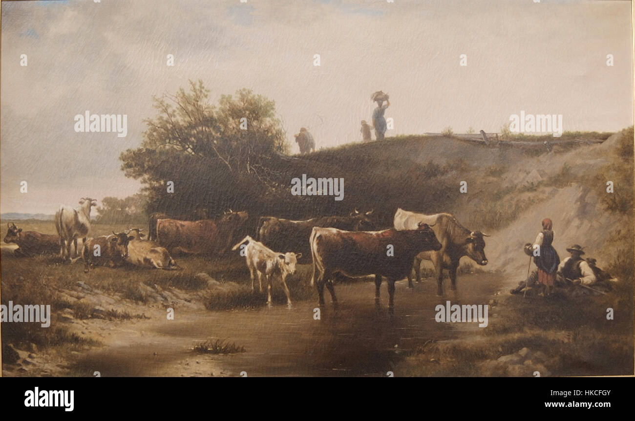 Une peinture de paysage de T.T. Spear mettant en scène des bovins qui paissent paisiblement dans un cadre rural serein. L’œuvre met en valeur l’harmonie entre les animaux et la nature. Banque D'Images
