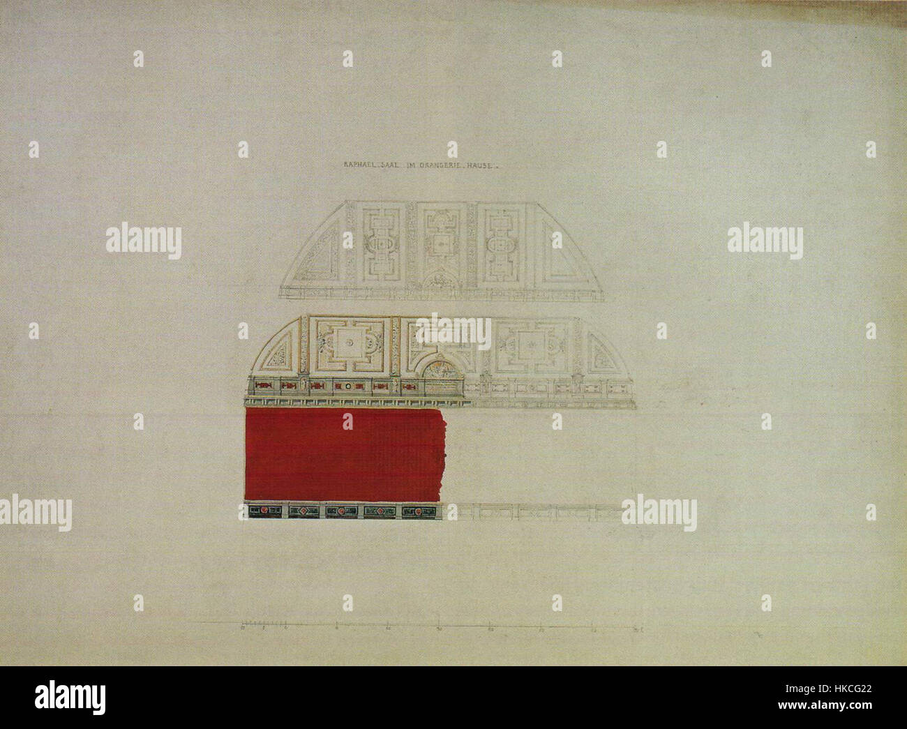 Ce dessin architectural de Ludwig Ferdinand Hesse représente les vues ouest et est du Raffaelsaal, une salle du Vatican décorée par Raphaël. L'œuvre met en valeur la grandeur et le design de cet espace emblématique. Banque D'Images