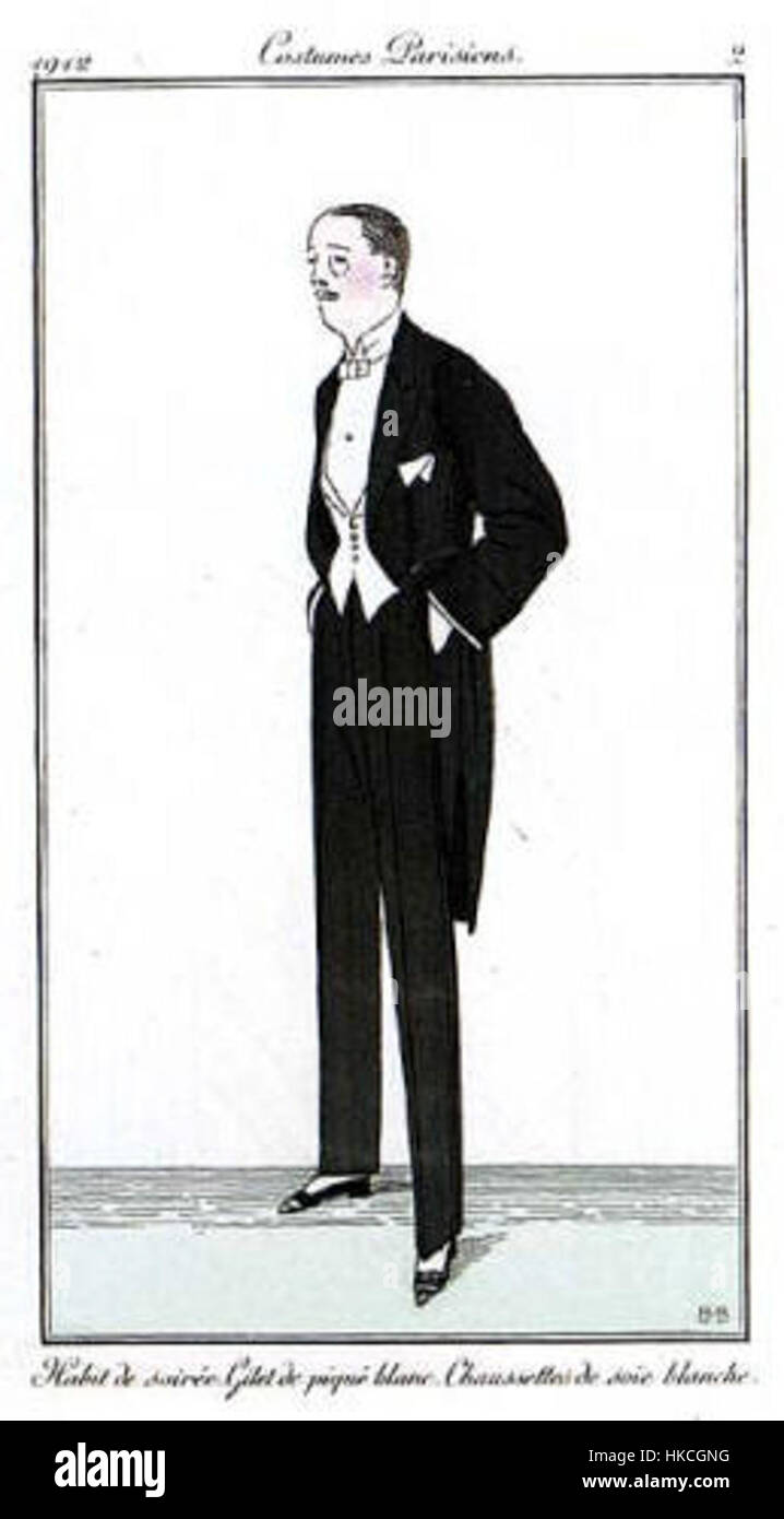 Cette illustration de mode de 1912 présente des tenues de soirée élégantes pour hommes telles qu'elles ont été conçues à Paris. Les costumes détaillés soulignent l'opulence et la sophistication de la mode du début du XXe siècle, mettant en valeur une couture raffinée et des matériaux luxueux. Banque D'Images