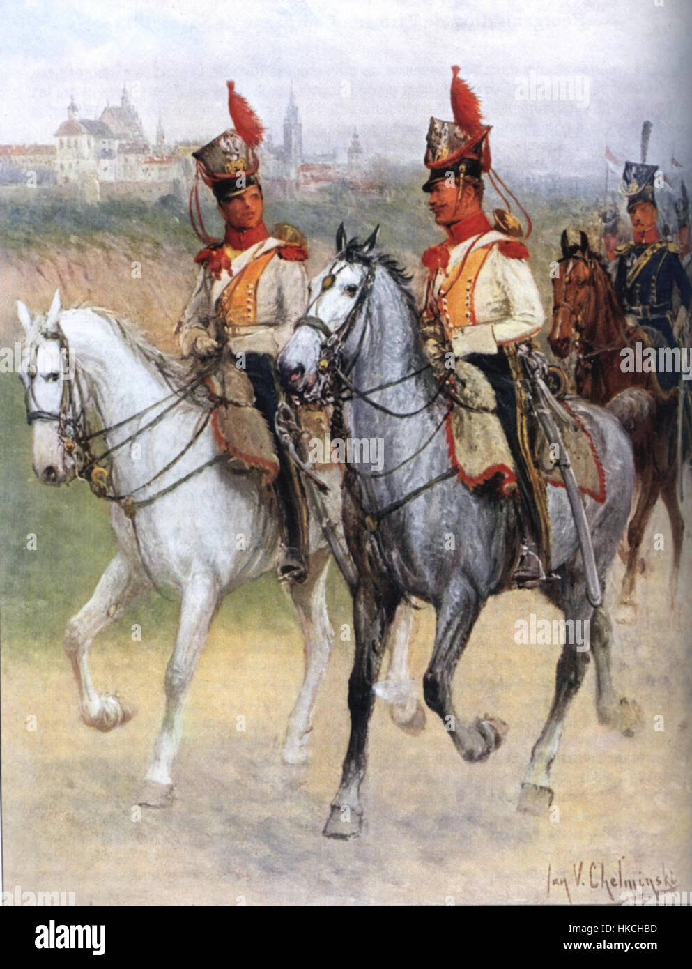 Le 2e régiment Uhlan du duché de Varsovie est représenté dans ce tableau historique. L'œuvre reflète la vie militaire du régiment à l'époque napoléonienne, mettant en valeur leurs uniformes et leur fierté régimentaire. Banque D'Images