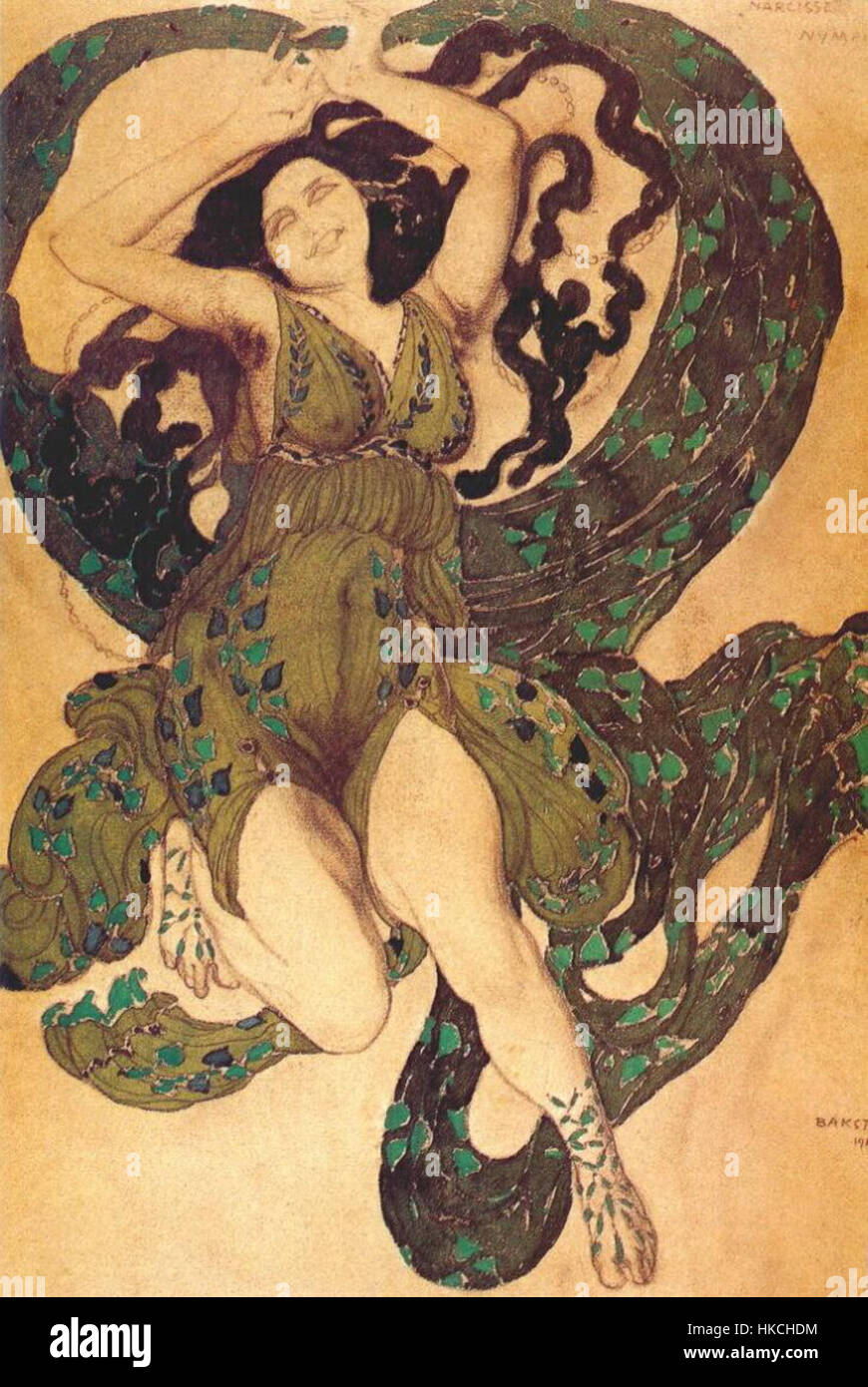 Le design de Leon Bakst pour le ballet 'Narcisse' présente une représentation vibrante du costume et de la scénographie de la performance, illustrant son rôle dans le Ballet russe du début du XXe siècle et son influence sur l'esthétique de la scène. Banque D'Images