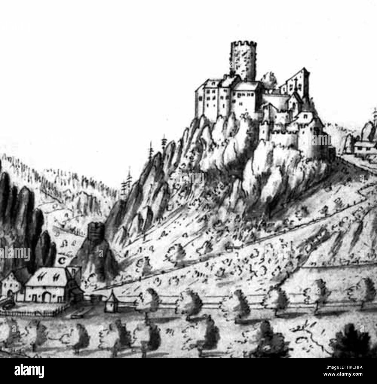 Ce dessin de Neu Falkenstein illustre un paysage ou un bâtiment historique, mettant en valeur les caractéristiques topographiques et les détails architecturaux dans l'européen du XIXe siècle Banque D'Images Ce dessin de Neu Falkenstein illustre un paysage ou un bâtiment historique, mettant en valeur les caractéristiques topographiques et les détails architecturaux dans l'européen du XIXe siècle Banque D'Images