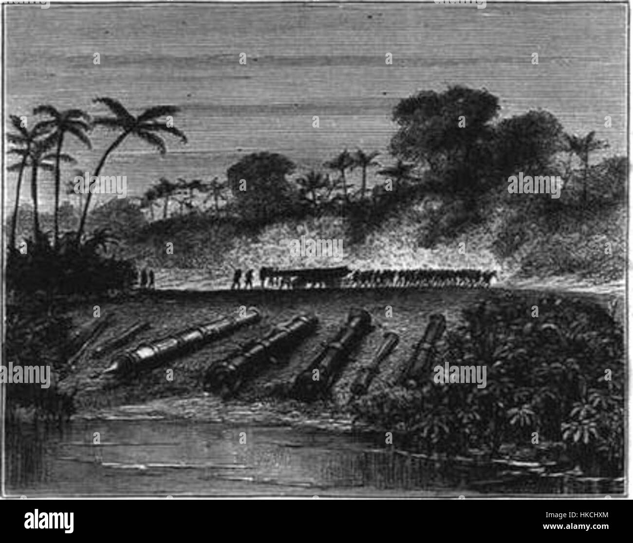 Cette illustration historique montre des canons ottomans et acéhnais capturés après la conquête hollandaise d'Aceh en 1874. L'œuvre met en valeur les armes utilisées pendant le conflit et offre un aperçu de l'histoire militaire de l'époque. Banque D'Images